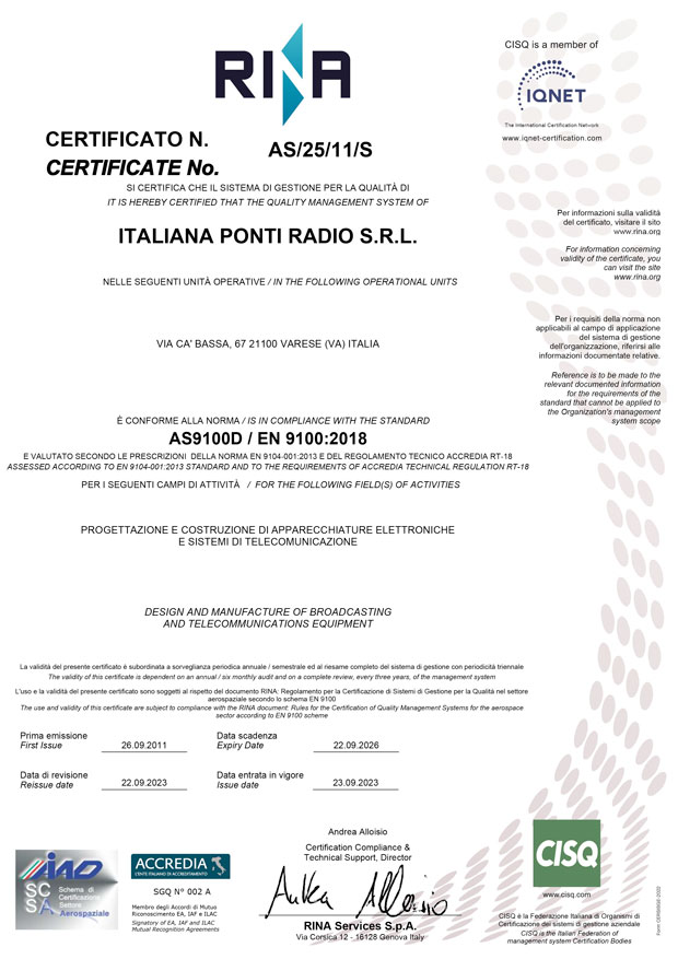 IPR Certificato ISO 9100 AS/25/11/S